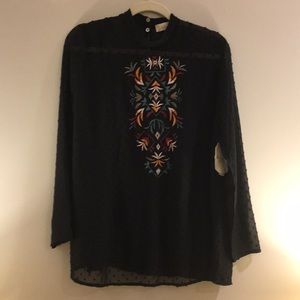 Black sheer top with embroidered patterned